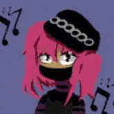 a girl with pink hair and a black hat is standing next to a yellow smiley face and musical notes .