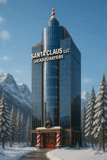 the santa claus llc headquarters building is surrounded by snow covered trees
