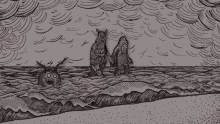 a black and white drawing of two owls in the water