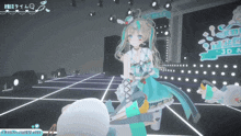 a girl in a blue dress is standing on a stage with a sign that says ' 3d ' on it