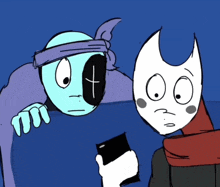 a cartoon character with a bandana on his head is looking at a cell phone