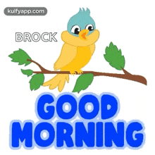 a cartoon bird is perched on a tree branch with the words good morning