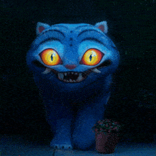 a blue cat with orange eyes and sharp teeth looks at the camera