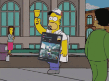 a cartoon of homer simpson holding up a trophy and a tablet