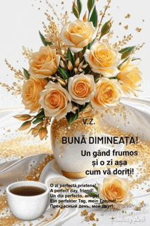 a bouquet of yellow roses in a vase with a cup of coffee next to it