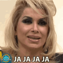 a close up of a woman 's face with the words ja ja ja ja written on the bottom