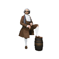 a man in a suit is standing on a barrel