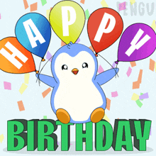 a birthday card with a penguin holding balloons and the words happy birthday