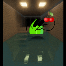 a green object with a cherry on its head