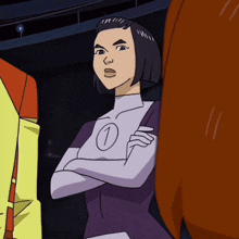 a cartoon character with the number 1 on her chest is standing with her arms crossed