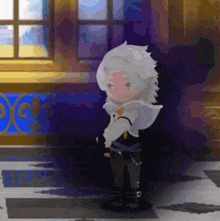 a cartoon character with white hair is standing in front of a window in a dark room