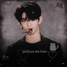 a close up of a person with the name joshua de kan on the bottom