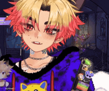 a drawing of a boy with red hair and a purple sweater with a cat on it