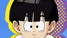 a close up of a cartoon character 's face with a yellow and blue background