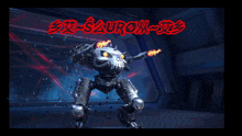 a robot is being destroyed by a lightning bolt and the word sauron is in red letters