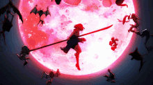 a woman with a sword is surrounded by bats and a full moon