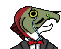 a cartoon drawing of a fish wearing a suit and bow tie