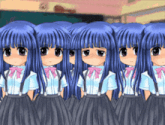 a group of anime girls with blue hair are standing in a line