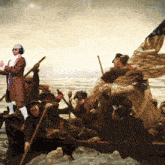a painting of a group of people in a boat with a man wearing headphones