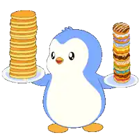 a penguin holding a stack of pancakes and donuts