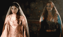 two women are standing next to each other and one has a veil on her head
