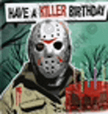 jason voorhees is wearing a hockey mask and holding a cake .