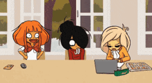 a cartoon of three girls sitting at a table with a laptop on it