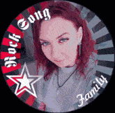 a picture of a woman with the words rock song family written on it