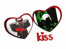 two red hearts with a picture of a man and the word kiss