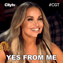 a woman sitting in front of a microphone with the words yes from me above her