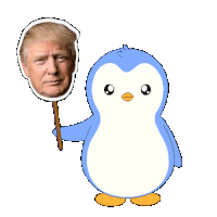 a penguin is holding a stick with a picture of donald trump behind it