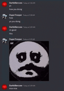 a screenshot of a discord conversation between darkkillerzee and dupertrooper