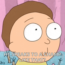 a cartoon character from rick and morty says `` he speaks to a champ like that ? ''