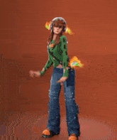 a woman wearing a green sweater and blue jeans is dancing