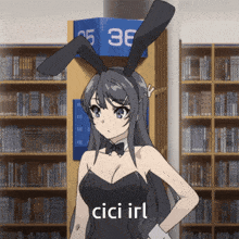 a girl with bunny ears is standing in front of a sign that says cici irl