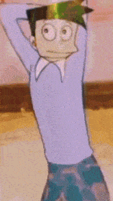 a cartoon character with green hair is standing with his arms up