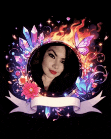 a picture of a woman in a frame with flowers and butterflies around her