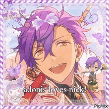 a picture of a boy with purple hair and the words " adonis loves nick "