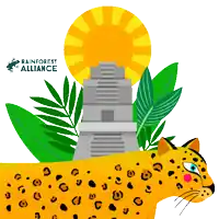 a rainforest alliance logo with a leopard and a pyramid in the background