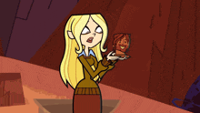 a cartoon girl is holding a small statue of a man