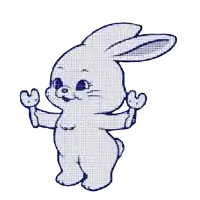 a blue and white drawing of a bunny with a heart on its arm