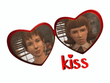 two red hearts with a picture of a boy and a girl and the word kiss