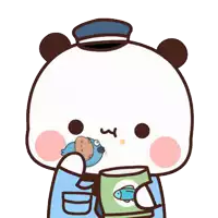 a cartoon panda bear is eating a cookie and drinking from a cup with a fish on it