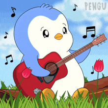 a cartoon of a penguin playing a guitar with the word pengu in the corner