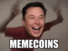 a man is laughing with the words memecoins written below him