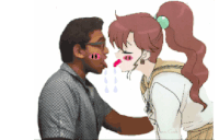 a cartoon of a man kissing a girl with a ponytail on her head