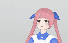 a girl with pink hair and a blue bow stands in front of a question mark
