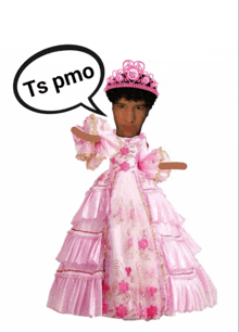 a man in a pink dress with a tiara says ts pmo