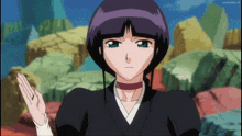 a girl with purple hair and a choker stands in front of mountains