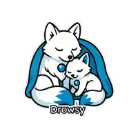 a sticker that says drowsy with a fox and a cat